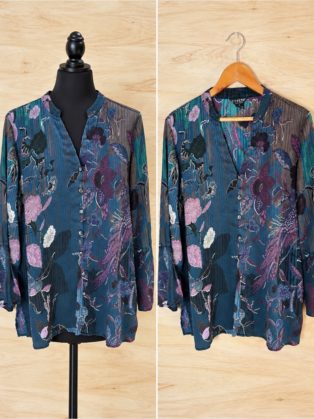 Citron Santa Monica 95% Silk Floral Blouse 1X